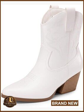 Cowboy Ankle Boots with Embroidered Stitching, Low Chunky Heel, Pointed Toe,